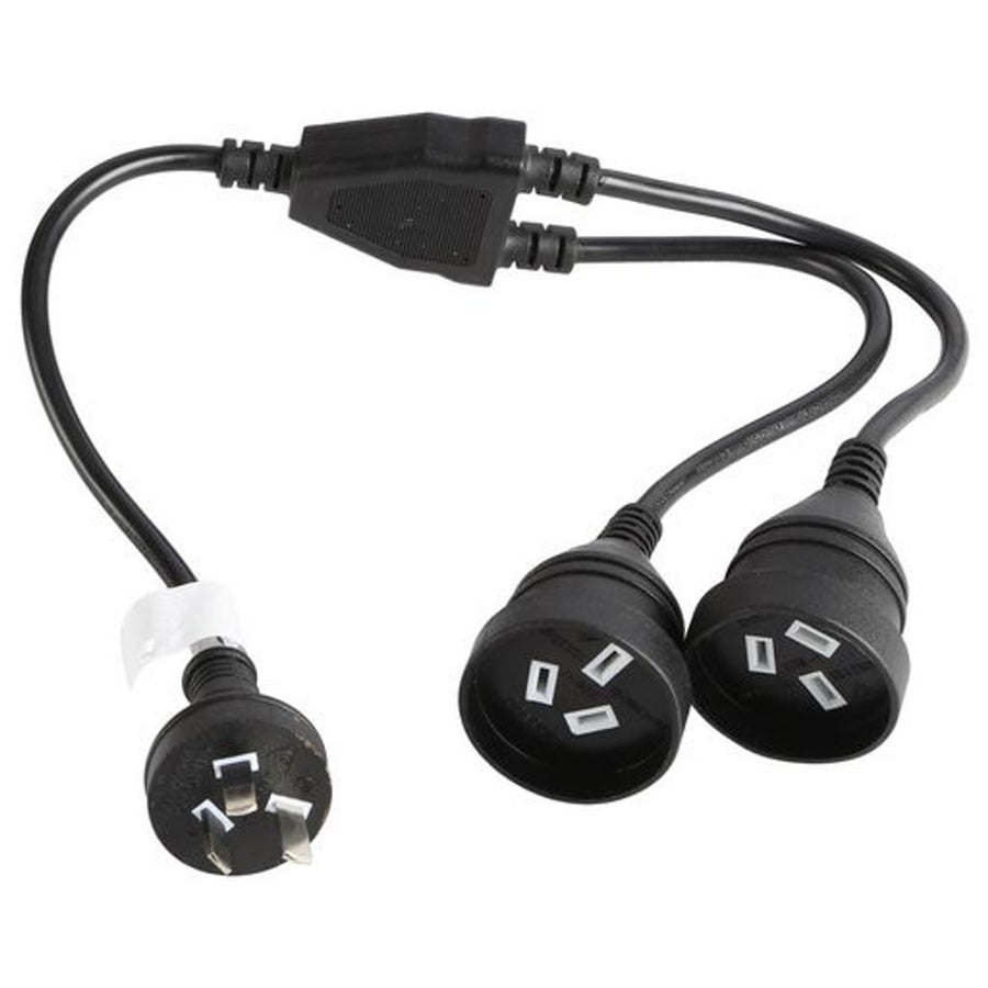RackPower CM0NNN050 - 10A 3 pin plug to 2x 10A 3pin socket on 0.5m 0.75mm2 black lead