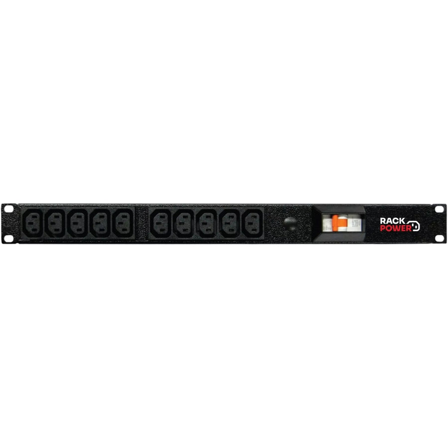 RackPower RPi101-A1C04 - Power strip: 10 x 10A C13 IEC outlets, 19" 1U Horizontal, 10A 6kA C curve CB. IEC C14 10A Inlet. Supplied with 2m IEC Power cord with Locking Socket and display packaging