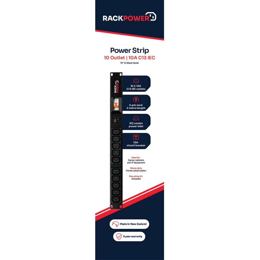 RackPower RPi101-A1C04 - Power strip: 10 x 10A C13 IEC outlets, 19" 1U Horizontal, 10A 6kA C curve CB. IEC C14 10A Inlet. Supplied with 2m IEC Power cord with Locking Socket and display packaging