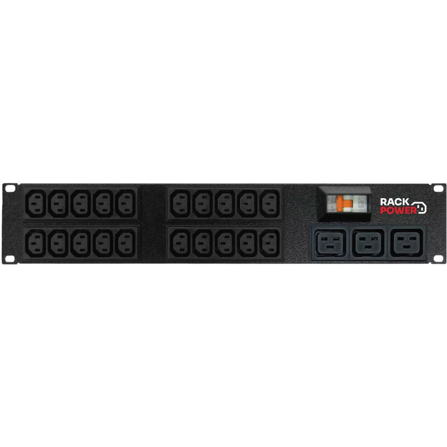 RackPower RPi201032-B2C04 - Power strip: 20 x 10A C13 IEC outlets, 3 x 16A C19 IEC outlets, 19" 2U, 16A 6kA C curve Hydraulic-magnetic CB. IEC C20 16A Inlet. Supplied with 2m IEC Power cord with Locking Socket and display packaging