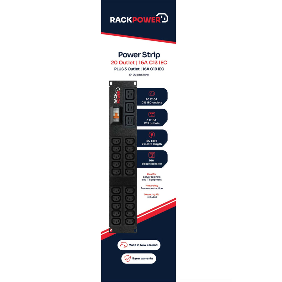 RackPower RPi201032-B2C04 - Power strip: 20 x 10A C13 IEC outlets, 3 x 16A C19 IEC outlets, 19" 2U, 16A 6kA C curve Hydraulic-magnetic CB. IEC C20 16A Inlet. Supplied with 2m IEC Power cord with Locking Socket and display packaging