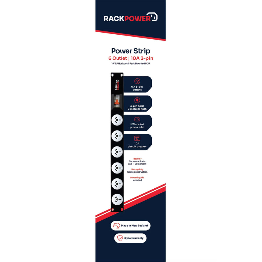 RackPower RPN061-A1C04 - Power Strip: 6 x 10A 3pin outlets, 19" 1U, 10A 6Ka Circuit Breaker, 10A C14 IEC Inlet on rear. Supplied with 2m 3 Pin Power Cord with Locking Socket & Mounting Kit.