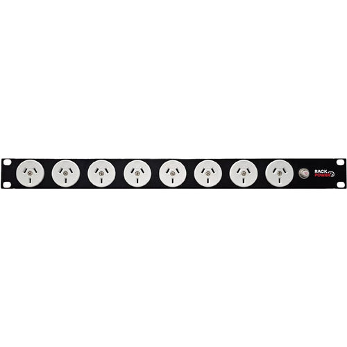 RackPower Power Strip: 8 x 10A 3pin outlets, 19" 1U, 10A Thermal Overload, 10A C14 IEC Inlet. Supplied with 2m 3 Pin Power cord with Locking Socket & Mounting Kit.