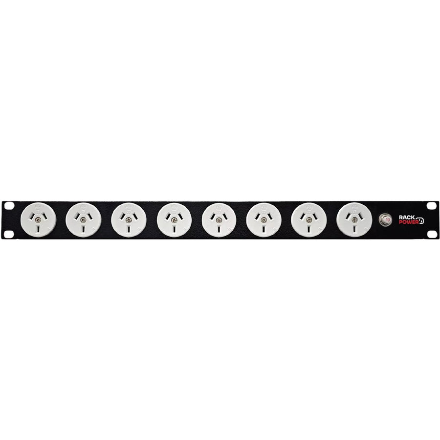RackPower Power Strip: 8 x 10A 3pin outlets, 19" 1U, 10A Thermal Overload, 10A C14 IEC Inlet. Supplied with 2m 3 Pin Power cord with Locking Socket & Mounting Kit.