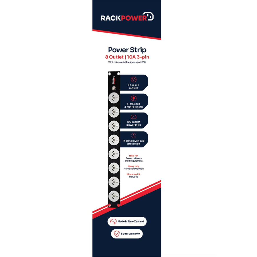 RackPower Power Strip: 8 x 10A 3pin outlets, 19" 1U, 10A Thermal Overload, 10A C14 IEC Inlet. Supplied with 2m 3 Pin Power cord with Locking Socket & Mounting Kit.