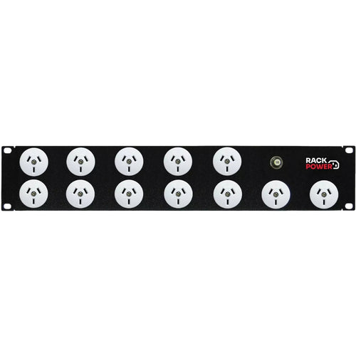 RackPower Power Strip: 12x 10A 3pin outlets, 2U 19", 10A Thermal Overload, 10A C14 IEC Inlet. Supplied with 2m 3 Pin Power cord with Locking Socket & Mounting Kit.