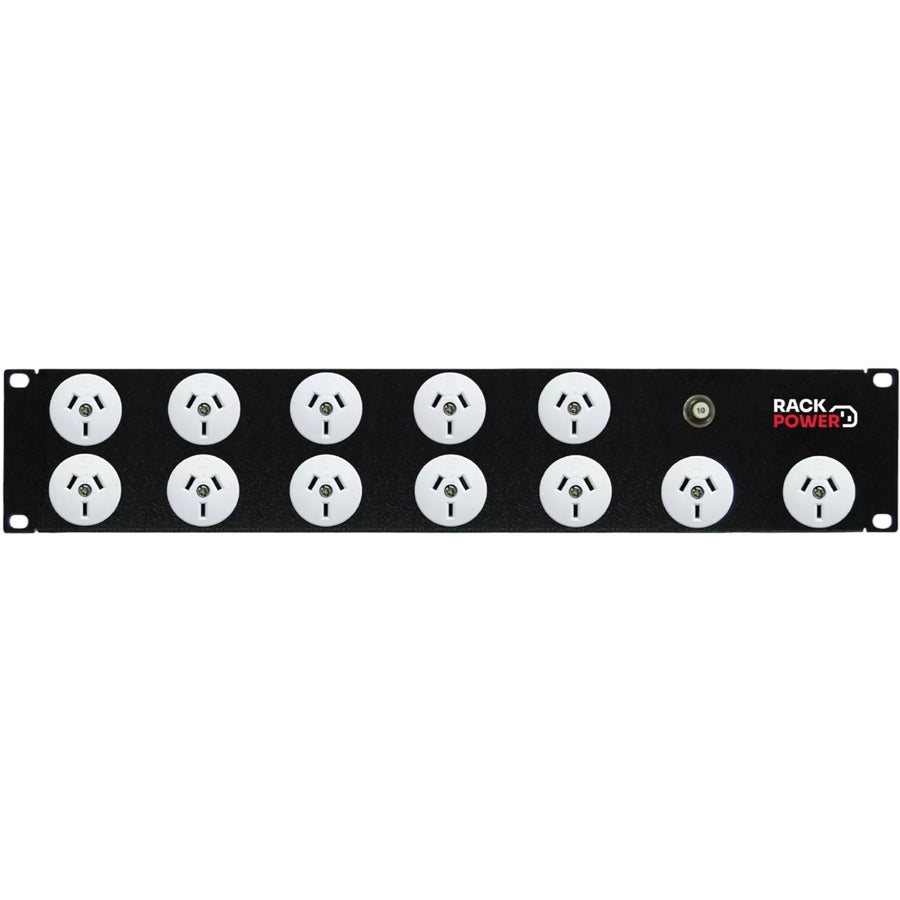 RackPower Power Strip: 12x 10A 3pin outlets, 2U 19", 10A Thermal Overload, 10A C14 IEC Inlet. Supplied with 2m 3 Pin Power cord with Locking Socket & Mounting Kit.