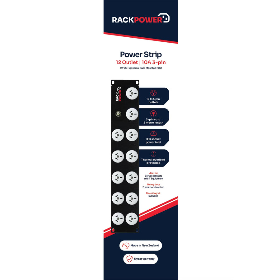 RackPower Power Strip: 12x 10A 3pin outlets, 2U 19", 10A Thermal Overload, 10A C14 IEC Inlet. Supplied with 2m 3 Pin Power cord with Locking Socket & Mounting Kit.