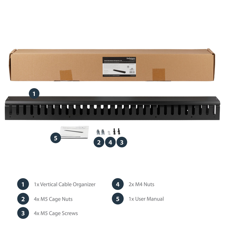 StarTech.com Vertical Cable Organizer with Finger Ducts - Vertical Cable Management Panel - Rack-Mount Cable Raceway - 0U - 3 ft - CMVER20UF