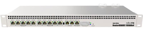 RB1100Dx4 - MikroTik RouterBOARD 1100Dx4 with AL21400 Cortex A15 CPU (4-cores, 1.4GHz per core), 1GB RAM, 13xGbit LAN, 60GB M.2 drive, RouterOS L6, 1U rackmount case, Dual PSU