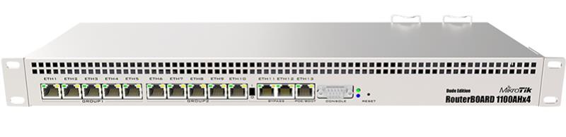 RB1100Dx4 - MikroTik RouterBOARD 1100Dx4 with AL21400 Cortex A15 CPU (4-cores, 1.4GHz per core), 1GB RAM, 13xGbit LAN, 60GB M.2 drive, RouterOS L6, 1U rackmount case, Dual PSU