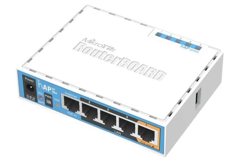 MikroTik RB952Ui-5ac2nD - hAP ac lite 650MHz CPU, 64MB RAM, 5xLAN, built-in 2.4Ghz 802.11b/g/n, 5Ghz 802.11ac, USB, plastic case, PSU, RouterOS L4, International version