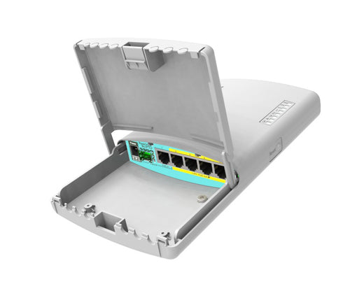 RB960PGS-PB - MikroTik PowerBox Pro 800MHz CPU, 128MB RAM, 5x Gigabit LAN (four with PoE out), SFP cage, RouterOS L4, outdoor case, PSU, PoE, mounting set