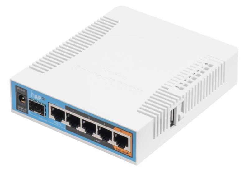 RB962UiGS-5HacT2HnT - MikroTik hAP ac with 720MHz CPU, 128MB RAM, 5x Gigabit LAN, built-in 2.4Ghz 802.11b/g/n 3x3, built-in 5Ghz 802.11ac 3x3, SFP cage, USB, plastic case, PSU, RouterOS L4, International version