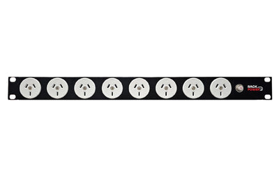 RackPower Power Strip: 8 x 10A 3pin outlets, 19" 1U, 10A Thermal Overload, 10A C14 IEC Inlet. Supplied with 2m 3 Pin Power cord with Locking Socket & Mounting Kit.