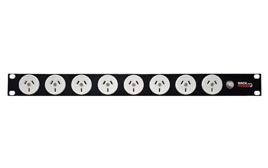 RackPower Power Strip: 8 x 10A 3pin outlets, 19" 1U, 10A Thermal Overload, 10A C14 IEC Inlet. Supplied with 2m 3 Pin Power cord with Locking Socket & Mounting Kit.