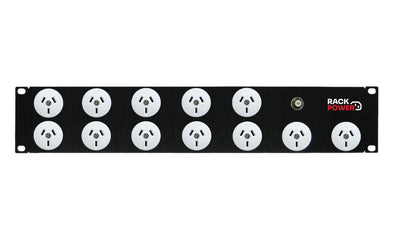 RackPower Power Strip: 12x 10A 3pin outlets, 2U 19", 10A Thermal Overload, 10A C14 IEC Inlet. Supplied with 2m 3 Pin Power cord with Locking Socket & Mounting Kit.