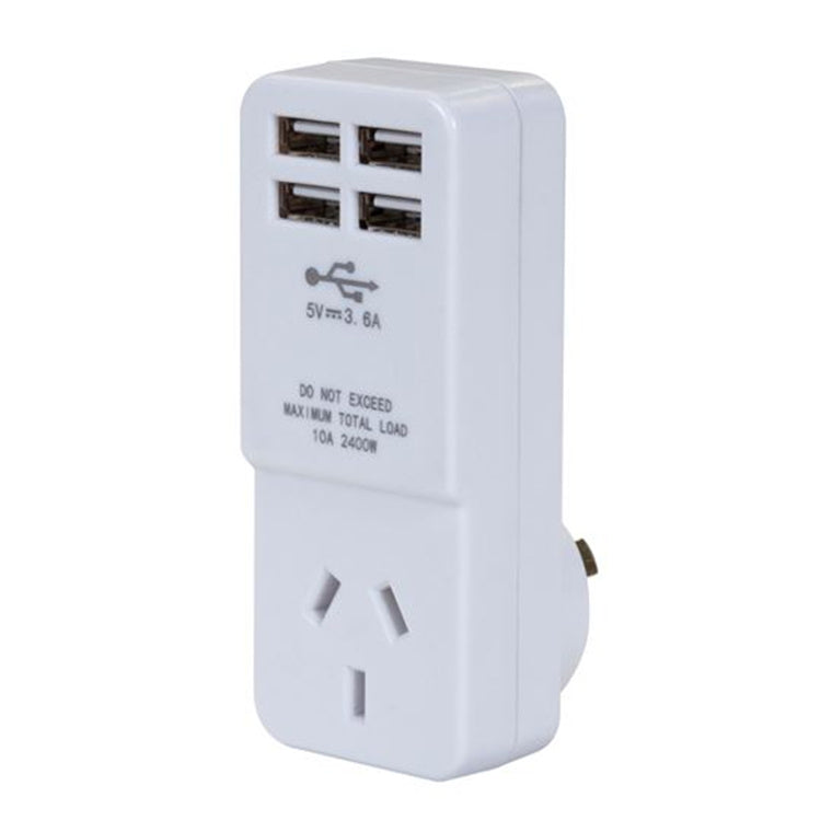 DYNAMIX A4U - USB-A Wall Charger w/ 4x USB-A Outlets & 1x Main Power Socket Shared 3.6A Quick Charge