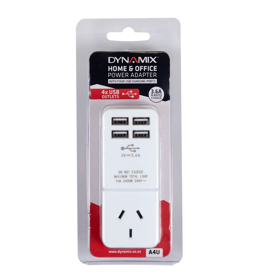 DYNAMIX A4U - USB-A Wall Charger w/ 4x USB-A Outlets & 1x Main Power Socket Shared 3.6A Quick Charge