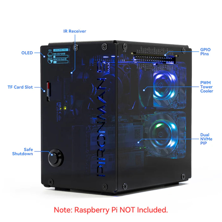 Raspberry Pi Pironman 5 MAX Dual NVMe M.2 SSD PCIe NAS RAID 0/1 Hailo-8L Mini PC Case for Raspberry Pi 5