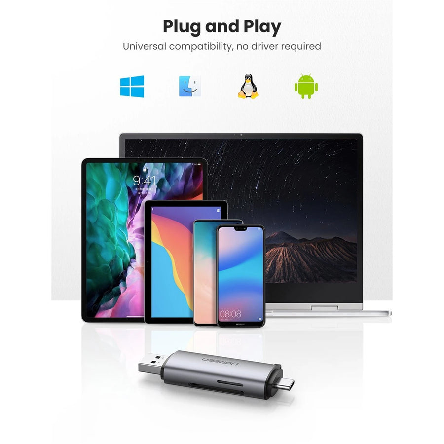 UG-50706 - Ugreen USB-C  USB-A To TF SD 3.0 Card Reader Gray