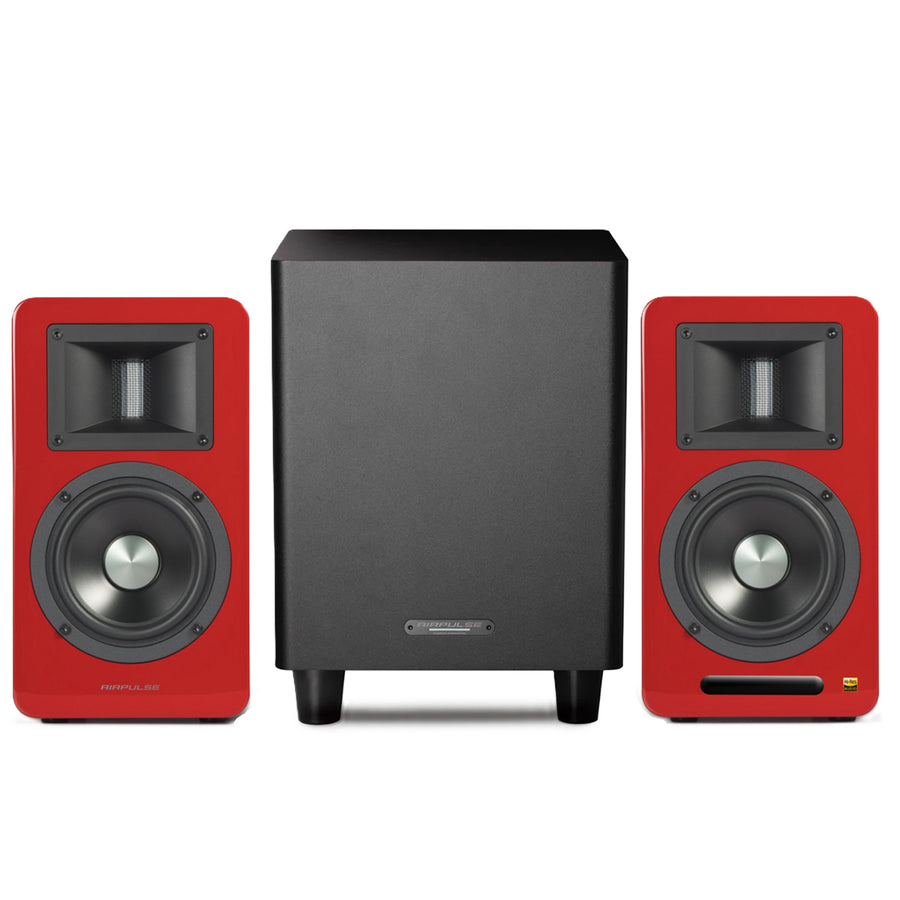 Airpulse by Edifier A100 Bookshelf Speakers + SW8 8" Subwoofer 270W 2.1 HiFi System Bundle - Gloss Red