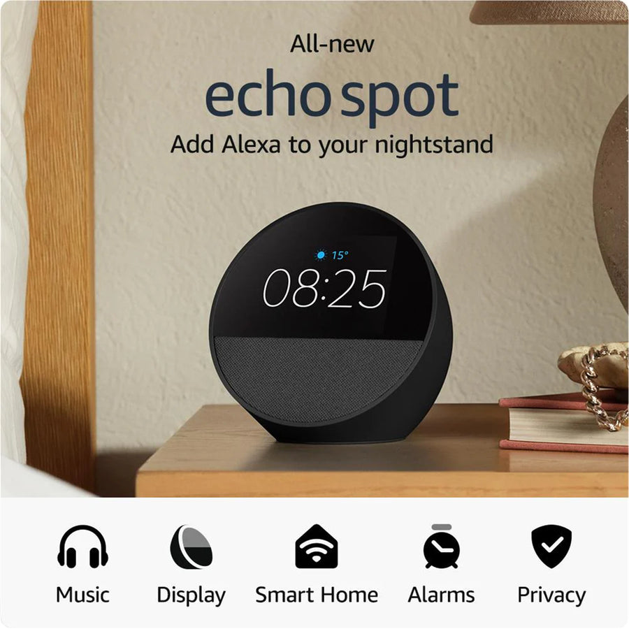 Amazon Echo Spot (2024)  Smart Alarm Clock Speaker with Alexa - Black