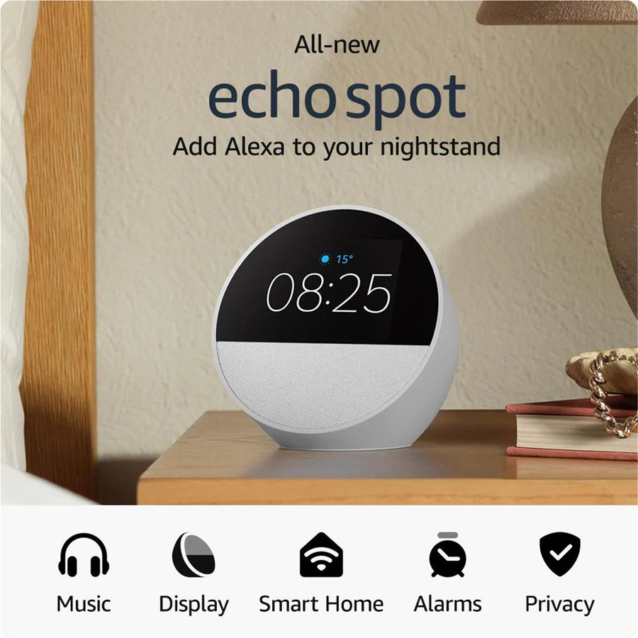 Amazon Echo Spot (2024)  Smart Alarm Clock Speaker with Alexa - Glacier White