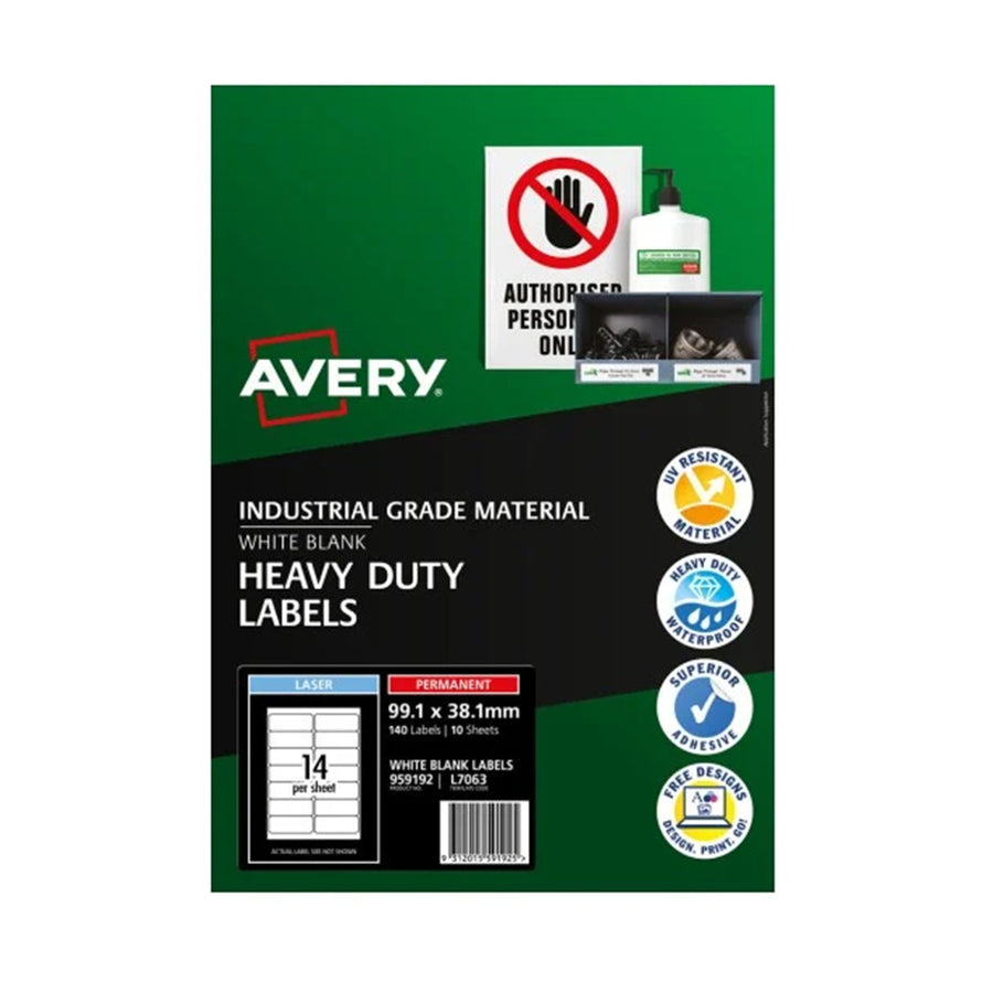 Avery 959192 Avery Heavy Duty ID Label L7063 White Laser 99.1x38.1mm 14up 10 Sheets