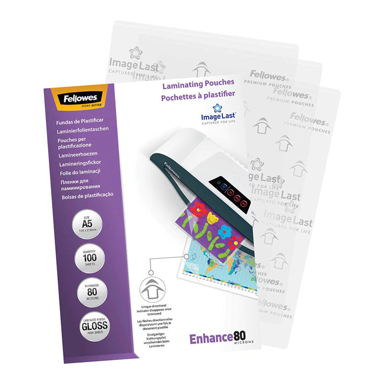 5306002 - Fellowes Laminierfolien A5 glänzend 80 Mikron, Packung mit 100