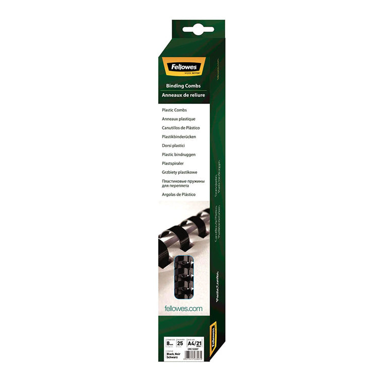 5330702 - Fellowes Plastic Binding Coils 8mm Black, Pack of 25