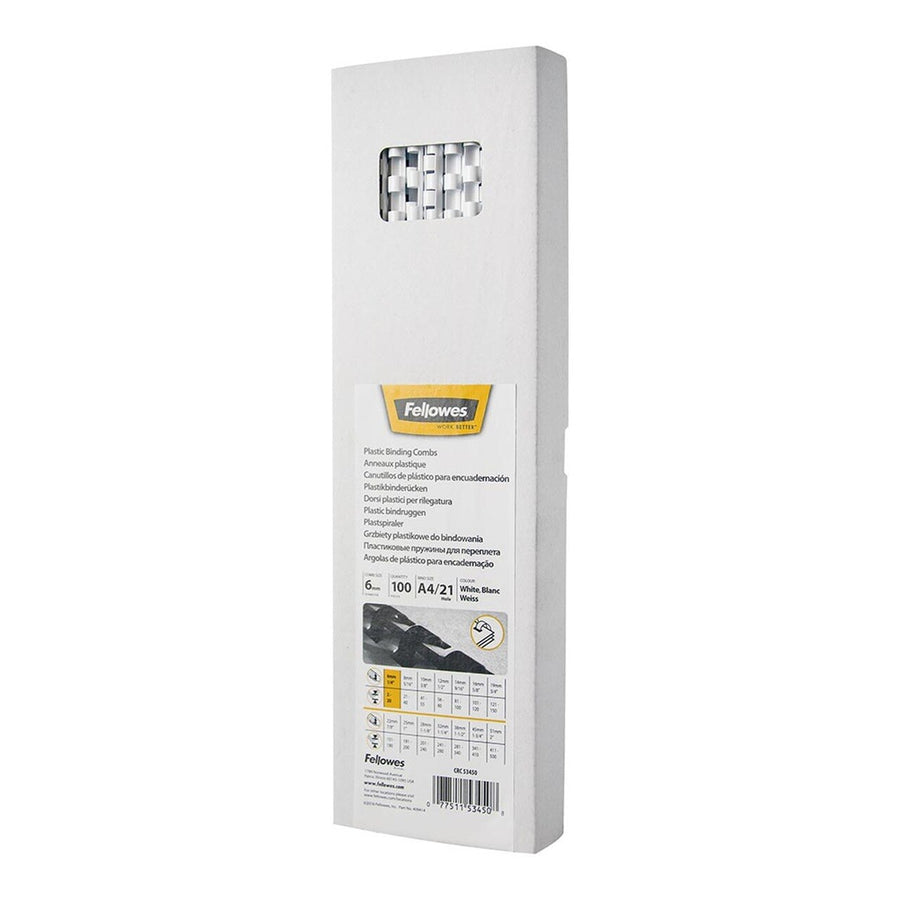 5345005 - Fellowes Plastic Binding Coils 6mm White, Pack of 100