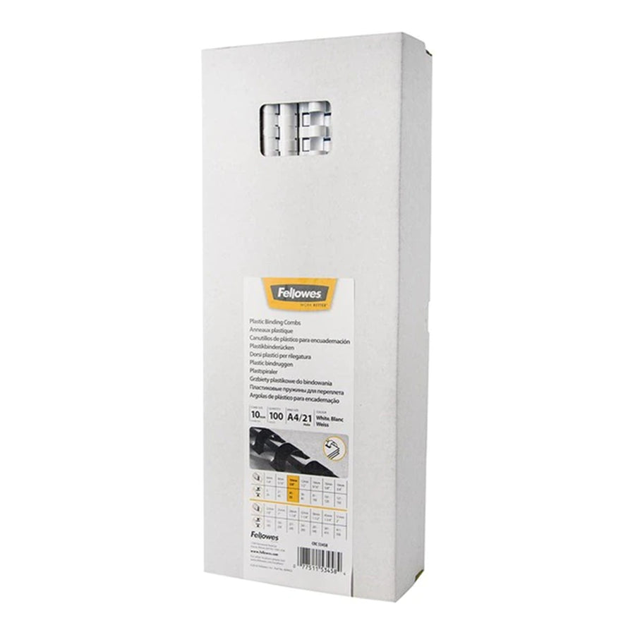 5345805 - Fellowes Plastic Binding Coils 10mm White, Pack of 100