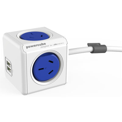 ALLOCACOC PowerCube  4 Outlet Extended USB Surge Protector with 2 USB 2.1A 10W - 1.5m - Blue
