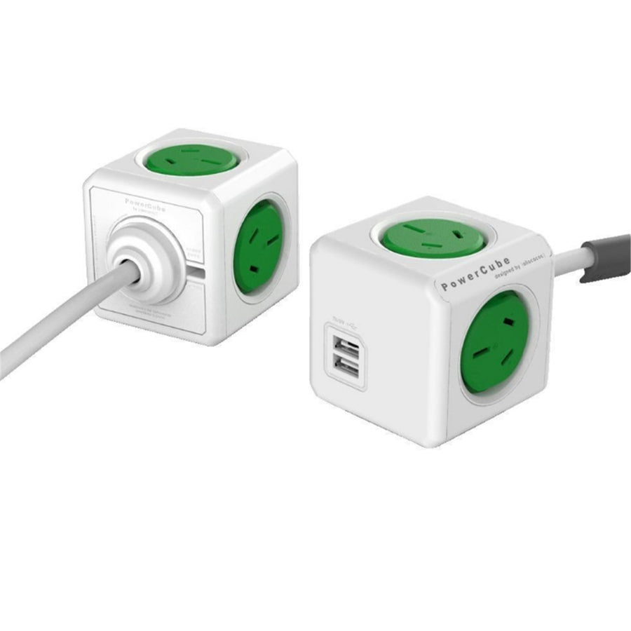 ALLOCACOC Powercube 4 Outlet Extended USB Surge Protector with 2x USB - 3m - Green