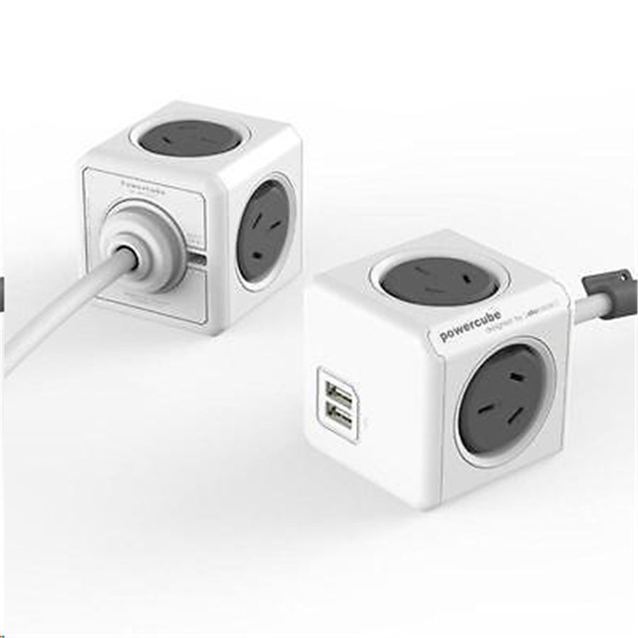 ALLOCACOC PowerCube  4 Outlet Extended USB Surge Protector 2x USB 2.1A 10W - Grey
