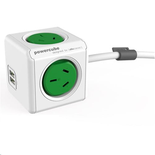 ALLOCACOC PowerCube  4 Outlet Extended USB Surge Protector with 2x USB 2.1A 10W - Green