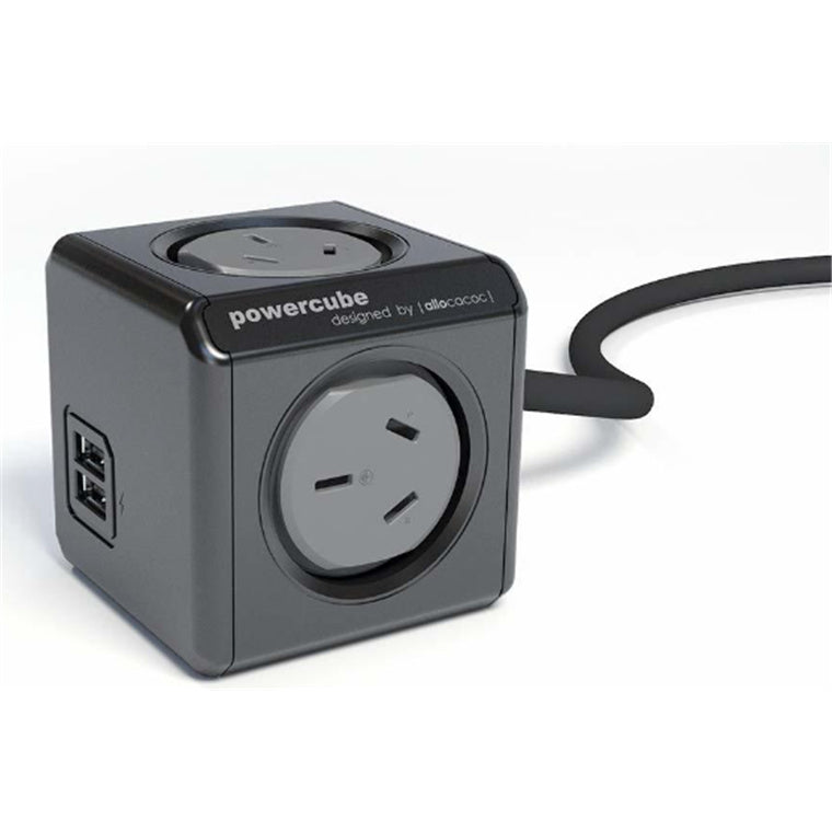 ALLOCACOC PowerCube  4 Outlet Extended USB Surge Protector with 2x USB 2.1A 10W - 1.5m - Black