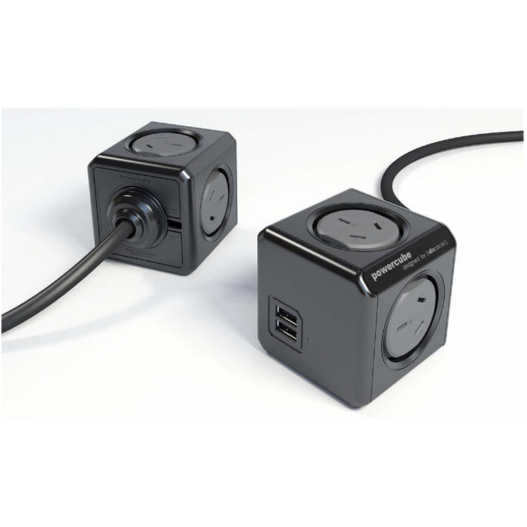 ALLOCACOC PowerCube  4 Outlet Extended USB Surge Protector with 2x USB 2.1A 10W - 1.5m - Black