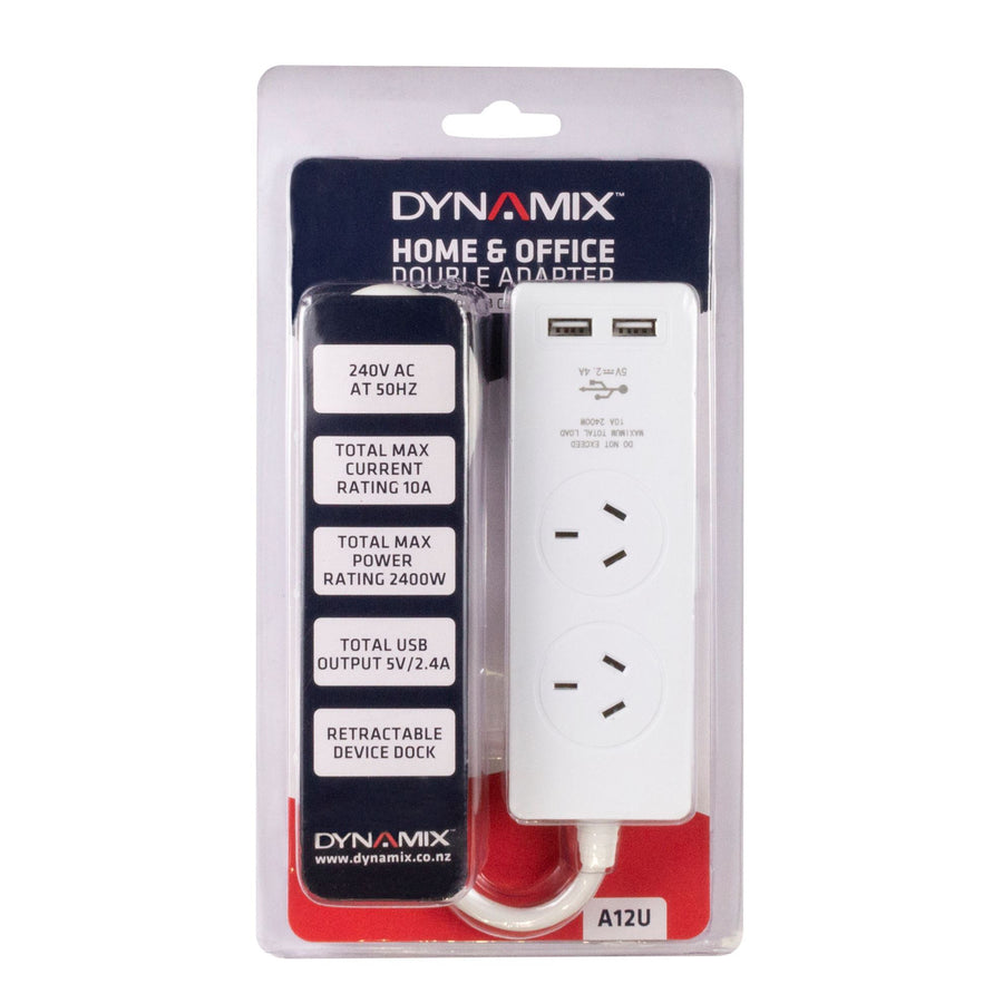 DYNAMIX A12U - 2-way Powerboard w/ 2x USB 2.4A Rapid Charging Ports. Built-in Phone or Tablet