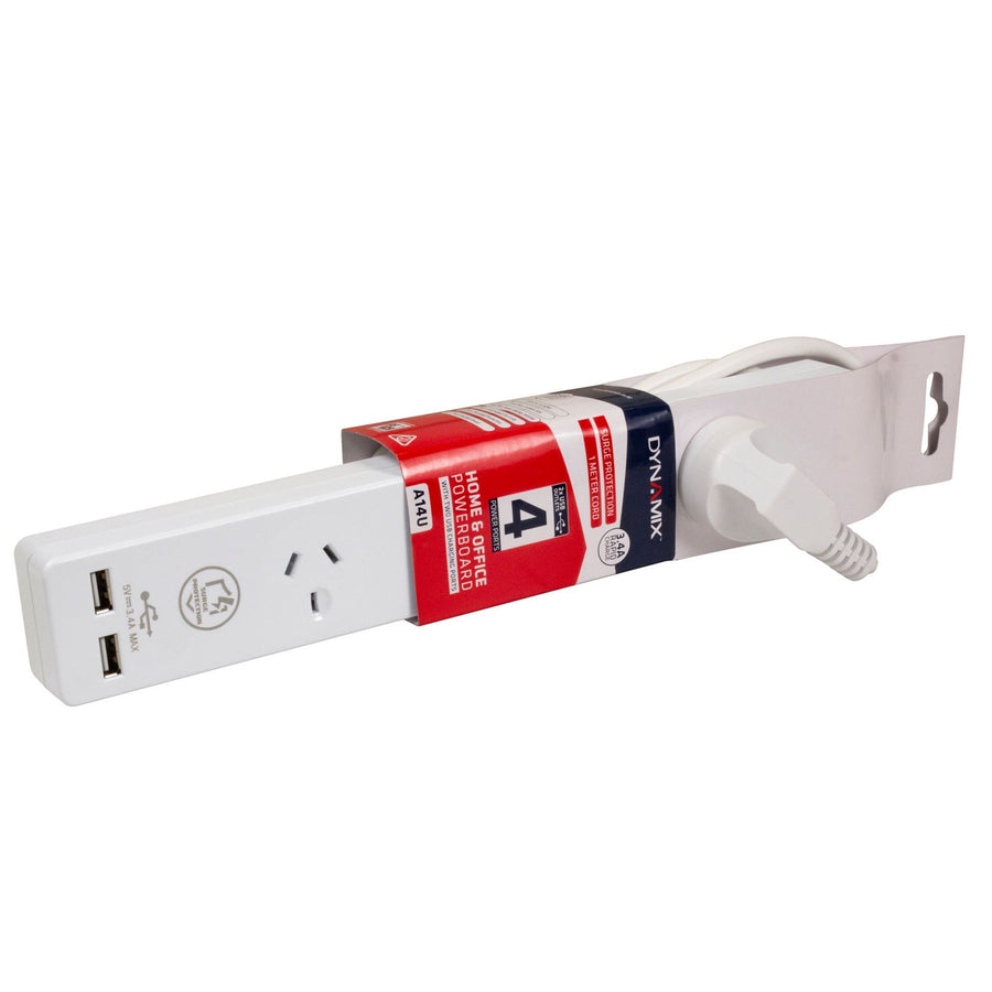 DYNAMIX A14U - 4-way 10A Home & Office Powerboard w/ two USB 3.4A Rapid Charging Ports