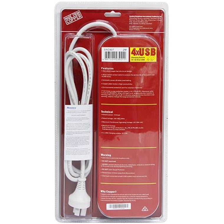 Huntkey SAC807 8 Outlet Surge Protected Powerboard with 4 USB Charging Ports Output:5V, 4A