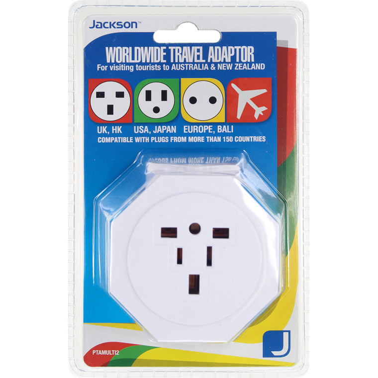 JACKSON PTAMULTI2 - Inbound Travel Adaptor Surge Protection. Converts US UK & European plugs to NZ/AUS.