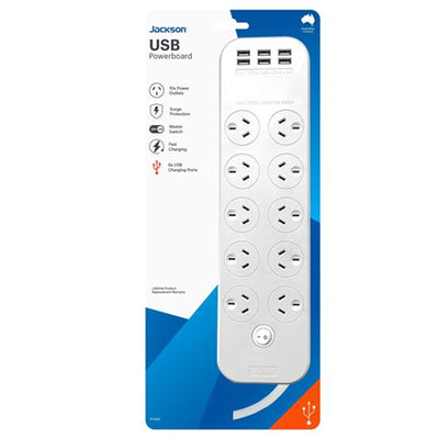 Jackson  PT1055 10 Outlet Powerboard with 6x USB-A Fast Charging Ports (4.5A)