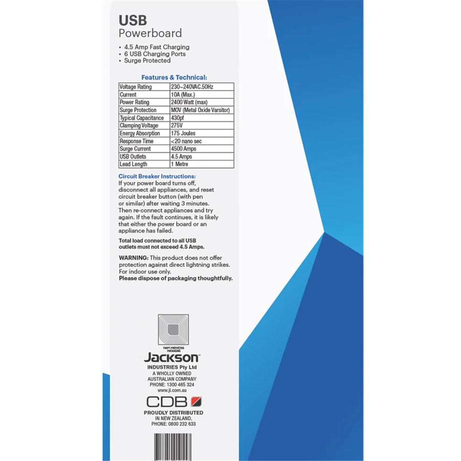 Jackson  PT1055 10 Outlet Powerboard with 6x USB-A Fast Charging Ports (4.5A)