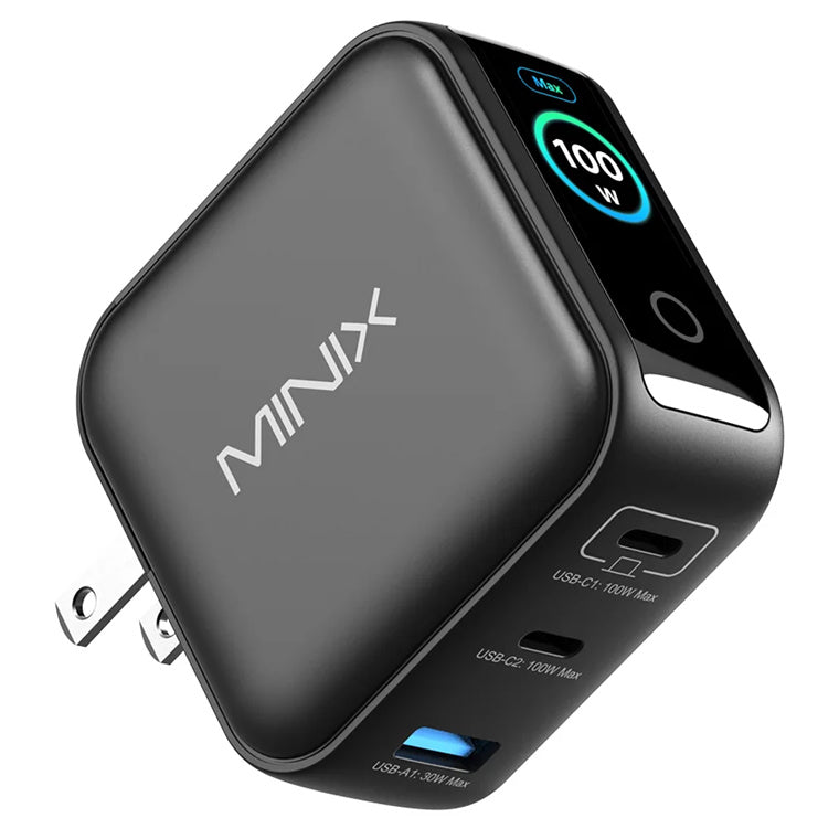MINIX  NEO P3 Pro 100W USB-C Charger  3 Port GaN Charger with Smart Display and Touch Control
