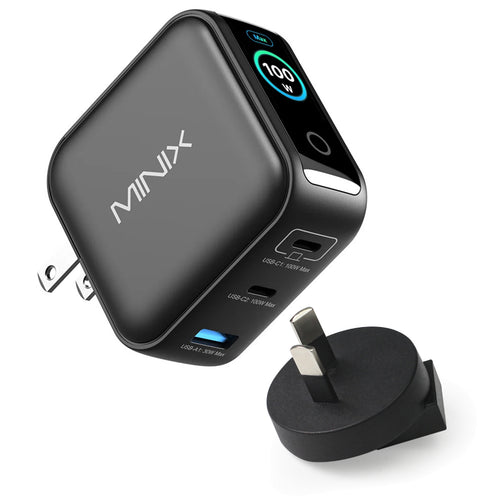 MINIX  NEO P3 Pro 100W USB-C Charger  3 Port GaN Charger with Smart Display and Touch Control