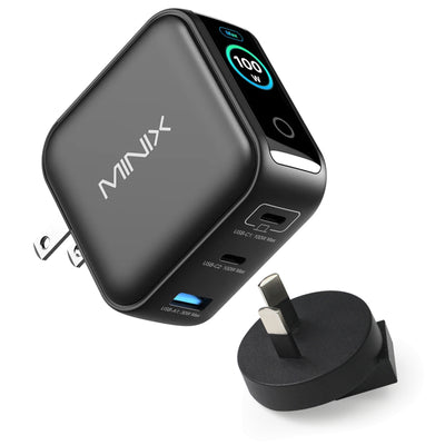 MINIX  NEO P3 Pro 100W USB-C Charger  3 Port GaN Charger with Smart Display and Touch Control