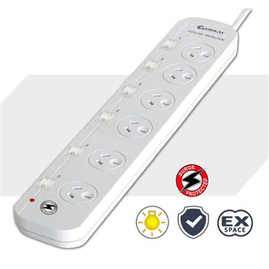 Sansai PAD-661SW 6 Outlet Surge Powerboard with Individual Switches - AU / NZ