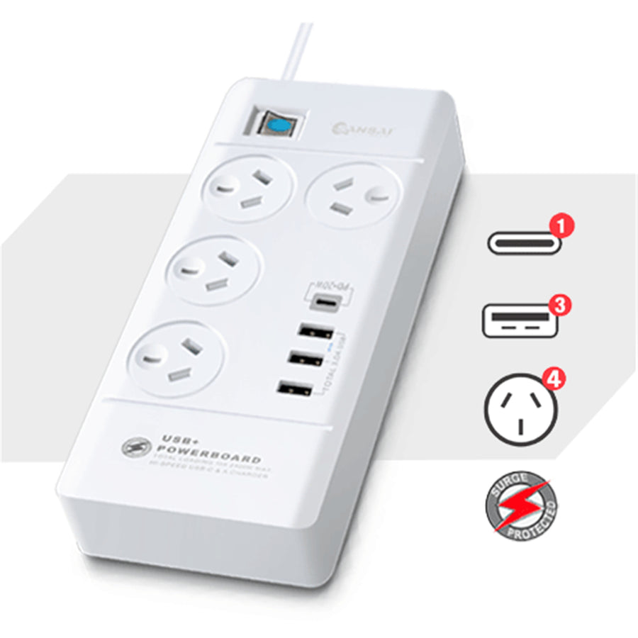 Sansai  PAD-8044 4 Outlet Powerboard with USB-A & USB-C